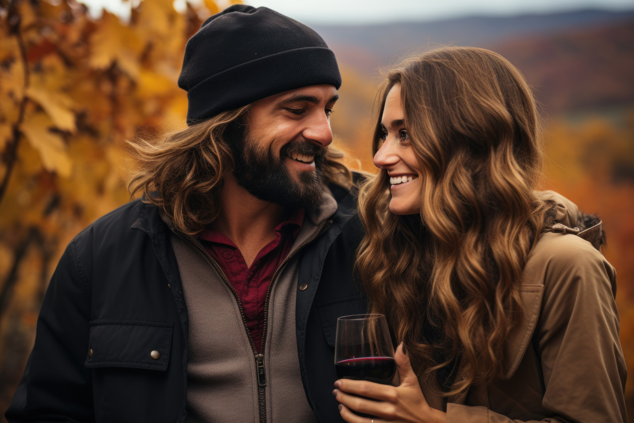 Couple enjoying wine amidst vibrant fall colors, engagement, wedding and anniversary image