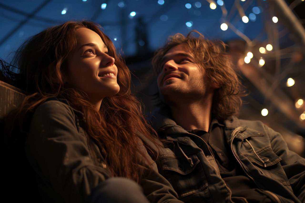 Couple embracing on a rooftop amidst the stars, engagement, wedding and anniversary image