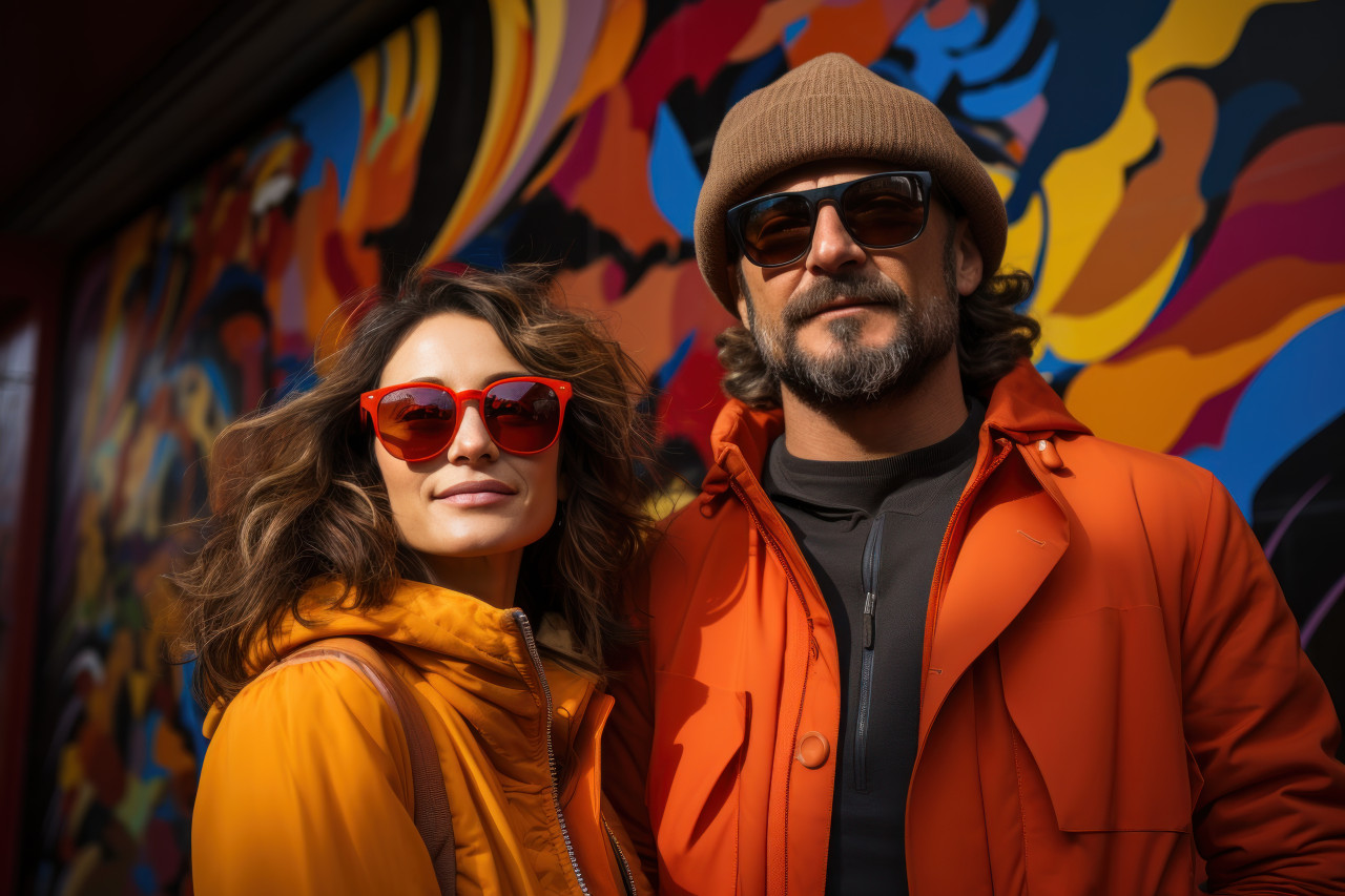 A romantic moment captured against a canvas of urban creativity, valentine, dating and love proposal image