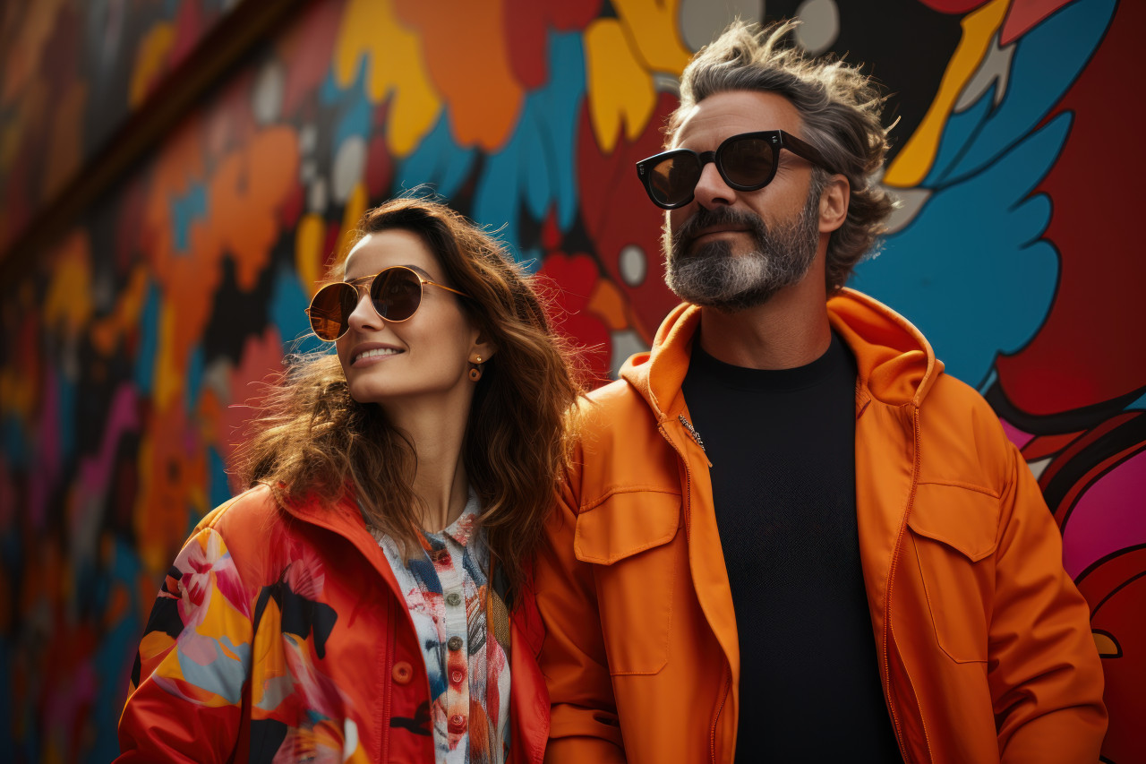 A couple embraces amidst vibrant and eye-catching street art, engagement, wedding and anniversary image