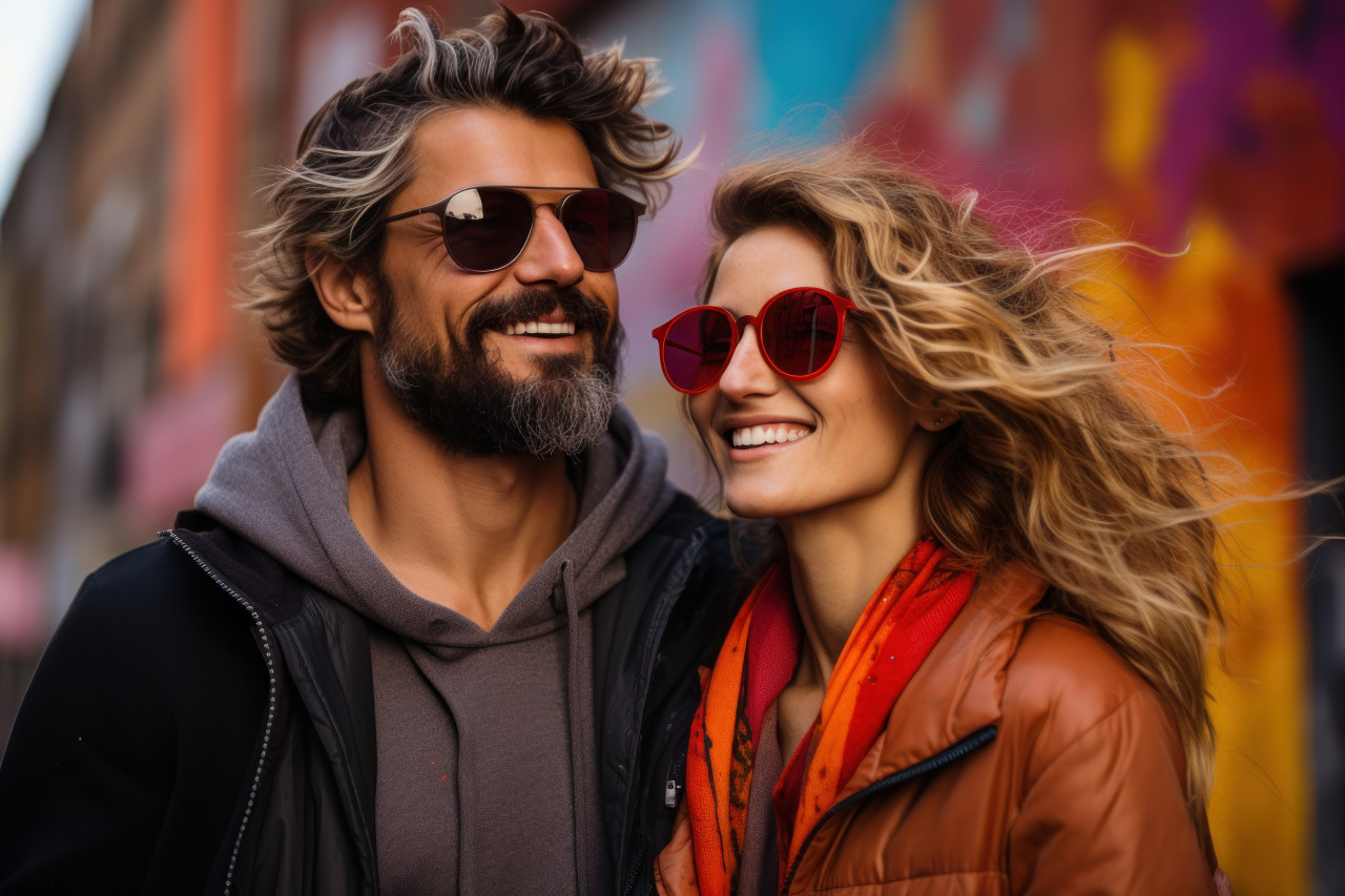 Couple brings vibrancy to their story against a street art backdrop, valentine, dating and love proposal image