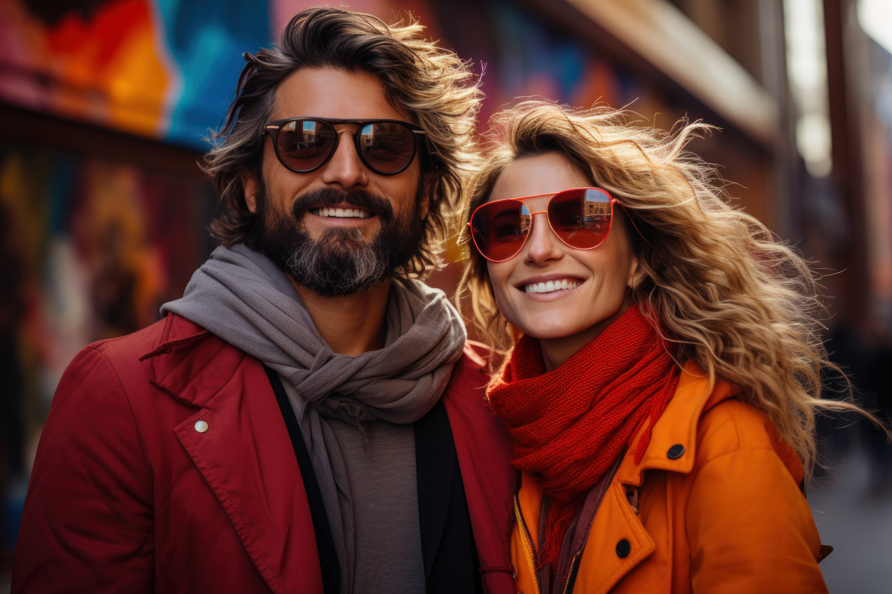 Couple stands in front of a lively street art masterpiece, engagement, wedding and anniversary image