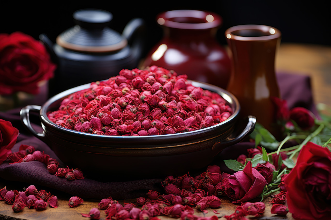 A fragrant tableau of love with red roses on a spice infused table, engagement, wedding and anniversary image
