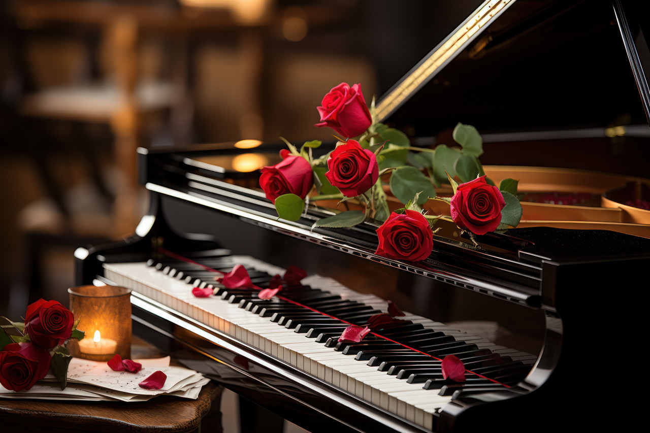 A red rose and sheet music create a melodic scene on the grand piano, engagement, wedding and anniversary image