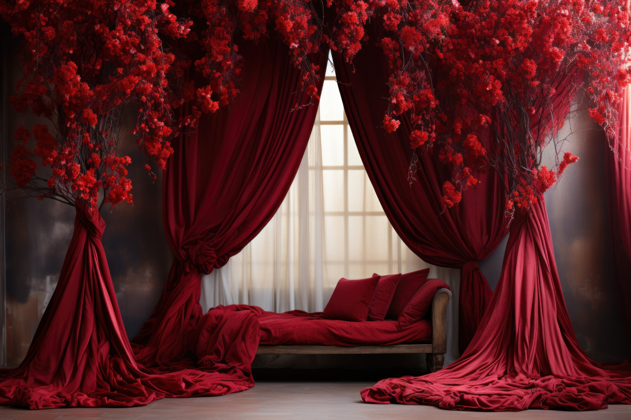 A passionate and intimate setting with a bed adorned in red roses, engagement, wedding and anniversary image