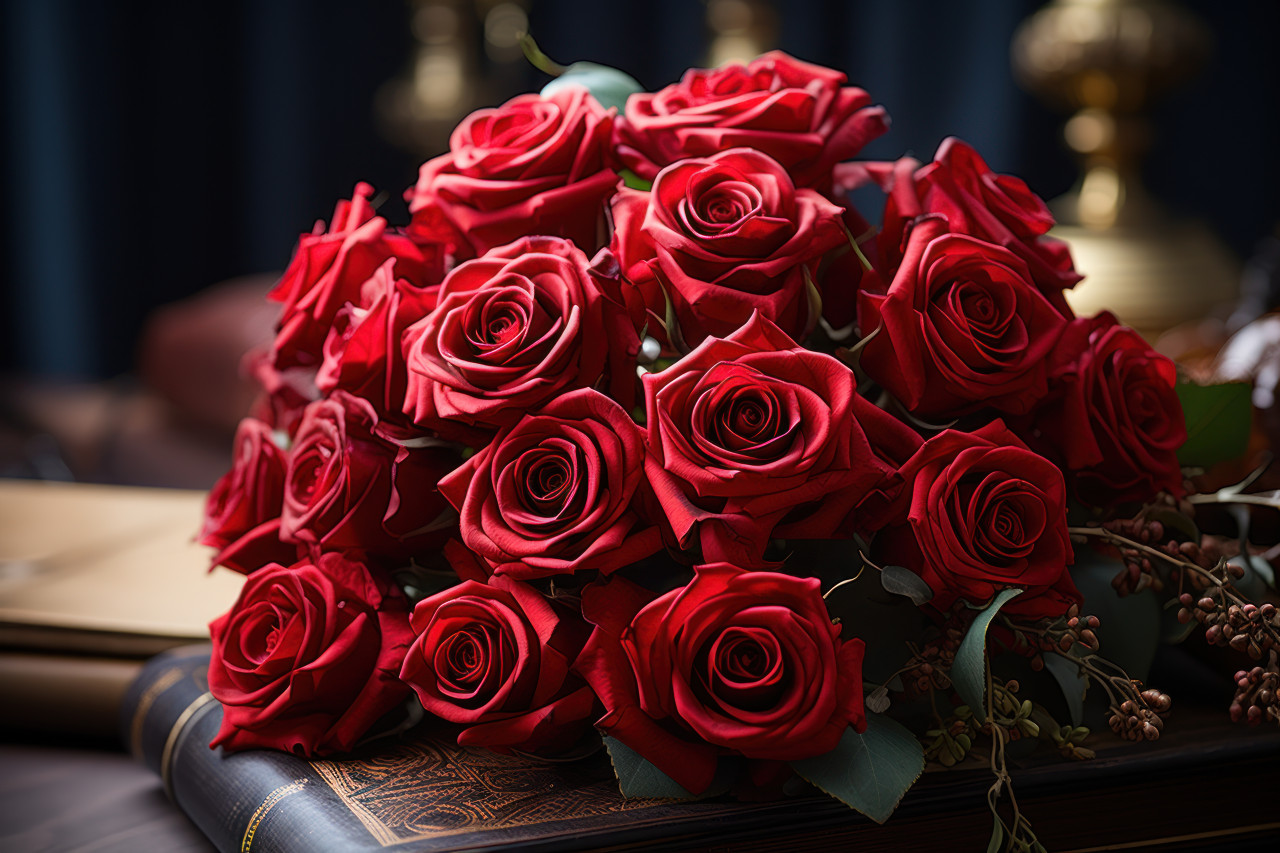 Enduring love showcased in a majestic scene with vibrant red roses in a regal setting, valentine, dating and love proposal image