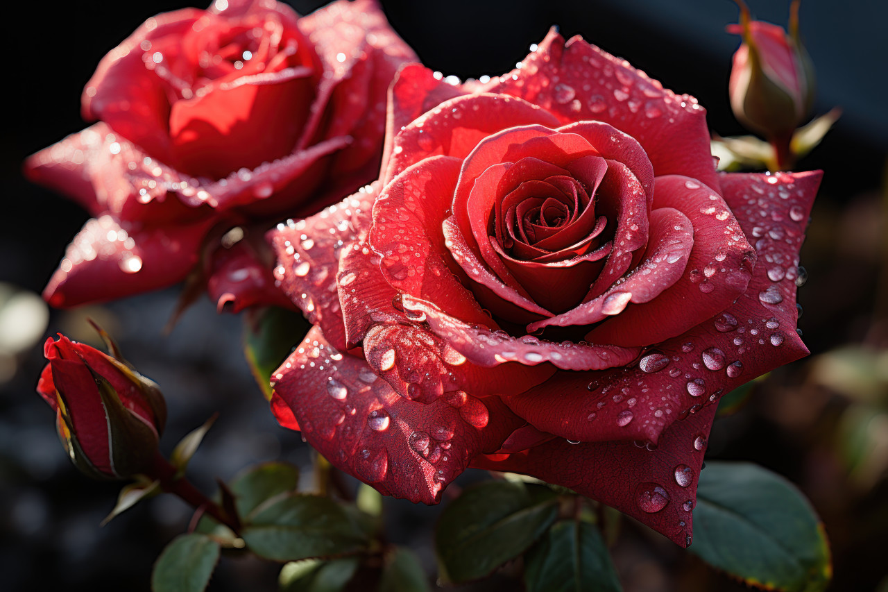 Dew kissed red roses in the morning light a visual ode to the purity of love, engagement, wedding and anniversary image