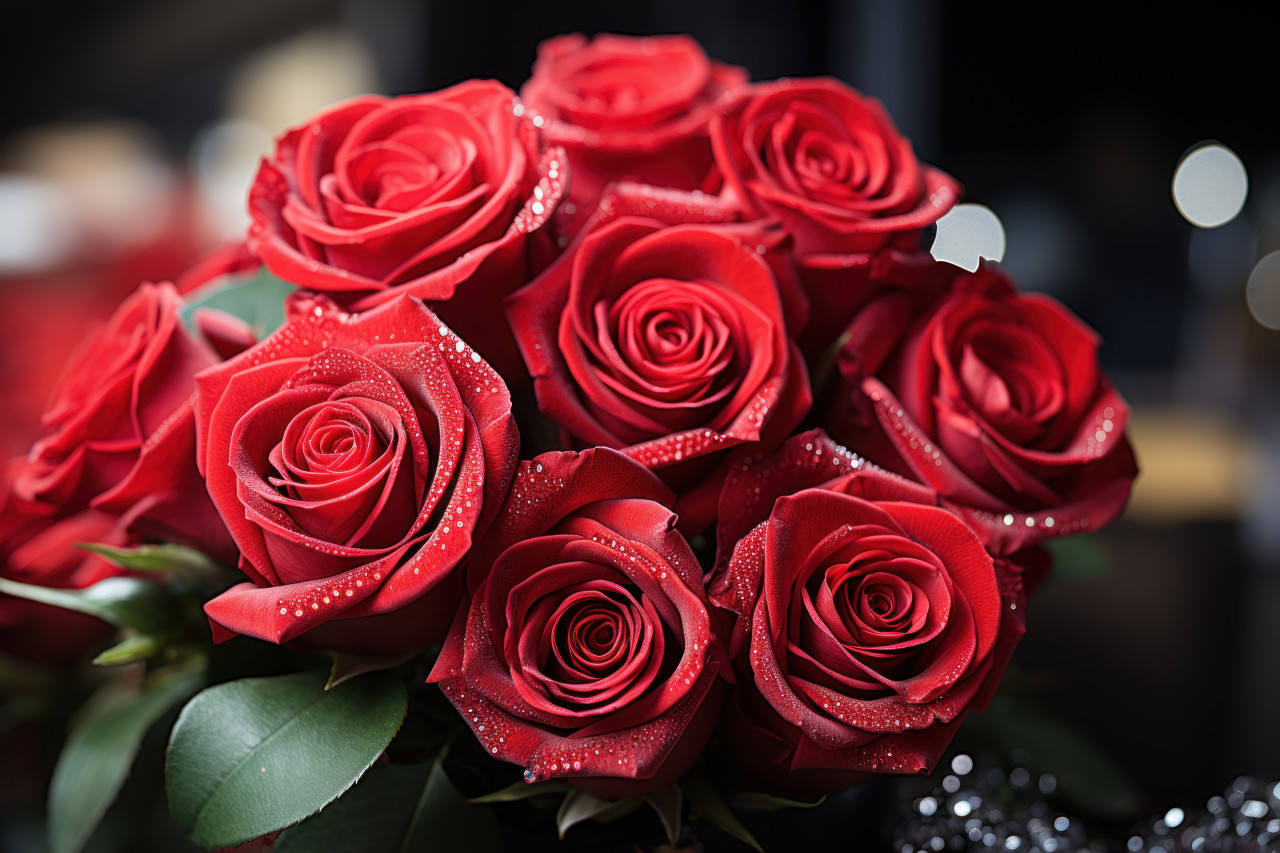 Diamonds sparkle around enchanting red roses, engagement, wedding and anniversary image