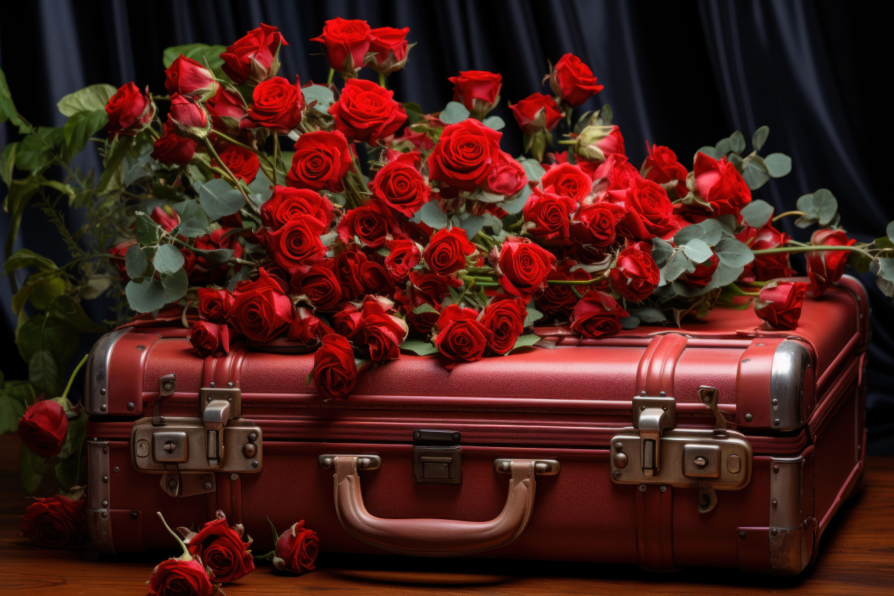 Red roses on a suitcase set the stage for a romantic adventure, engagement, wedding and anniversary image