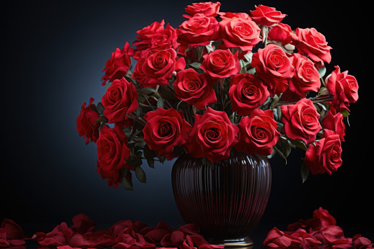 A transient arrangement of red roses in a mirror embrace, engagement, wedding and anniversary image