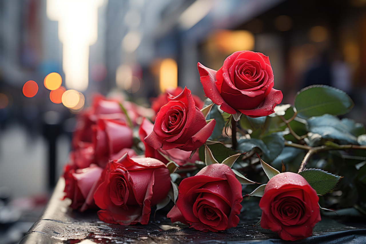 A vibrant red roses stand out in the urban hustle, engagement, wedding and anniversary image