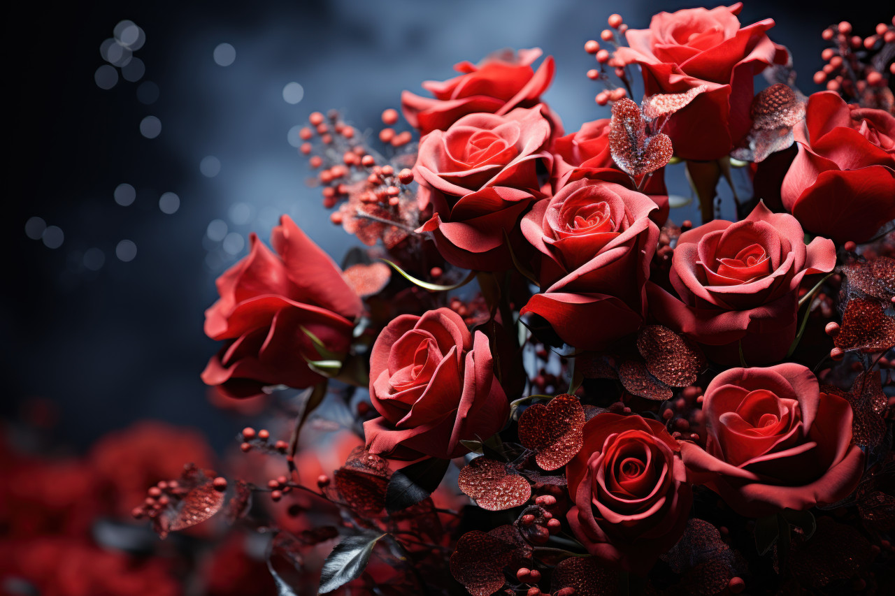 Red roses carried away in a whimsical whirlwind, engagement, wedding and anniversary image