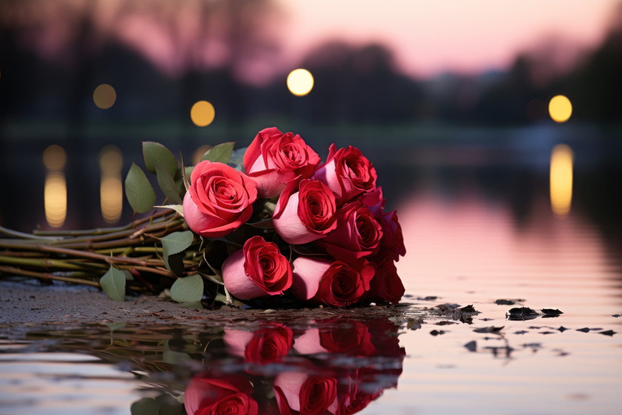 Red roses elegantly arranged by a moonlit pond, engagement, wedding and anniversary image