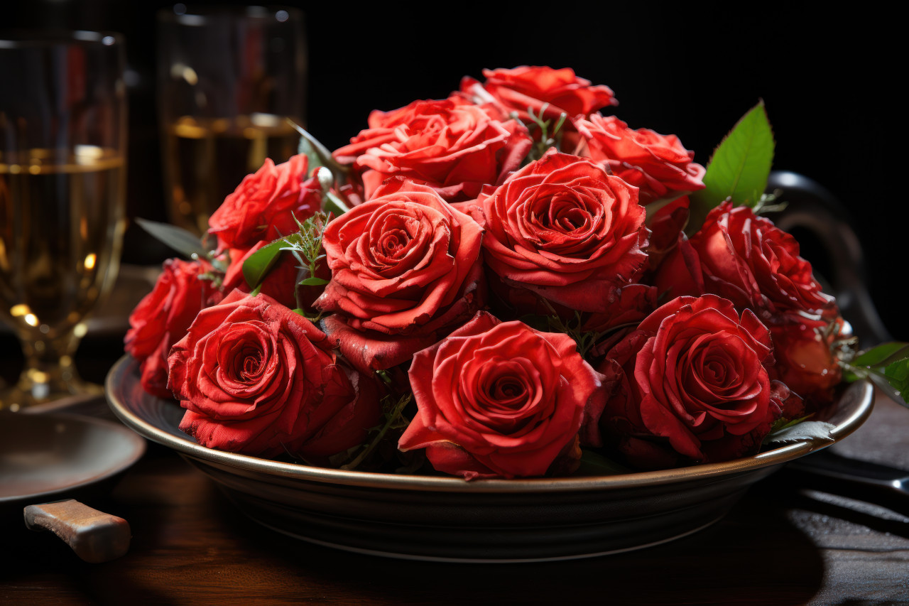 Red roses grace a beautifully arranged dining table, engagement, wedding and anniversary image