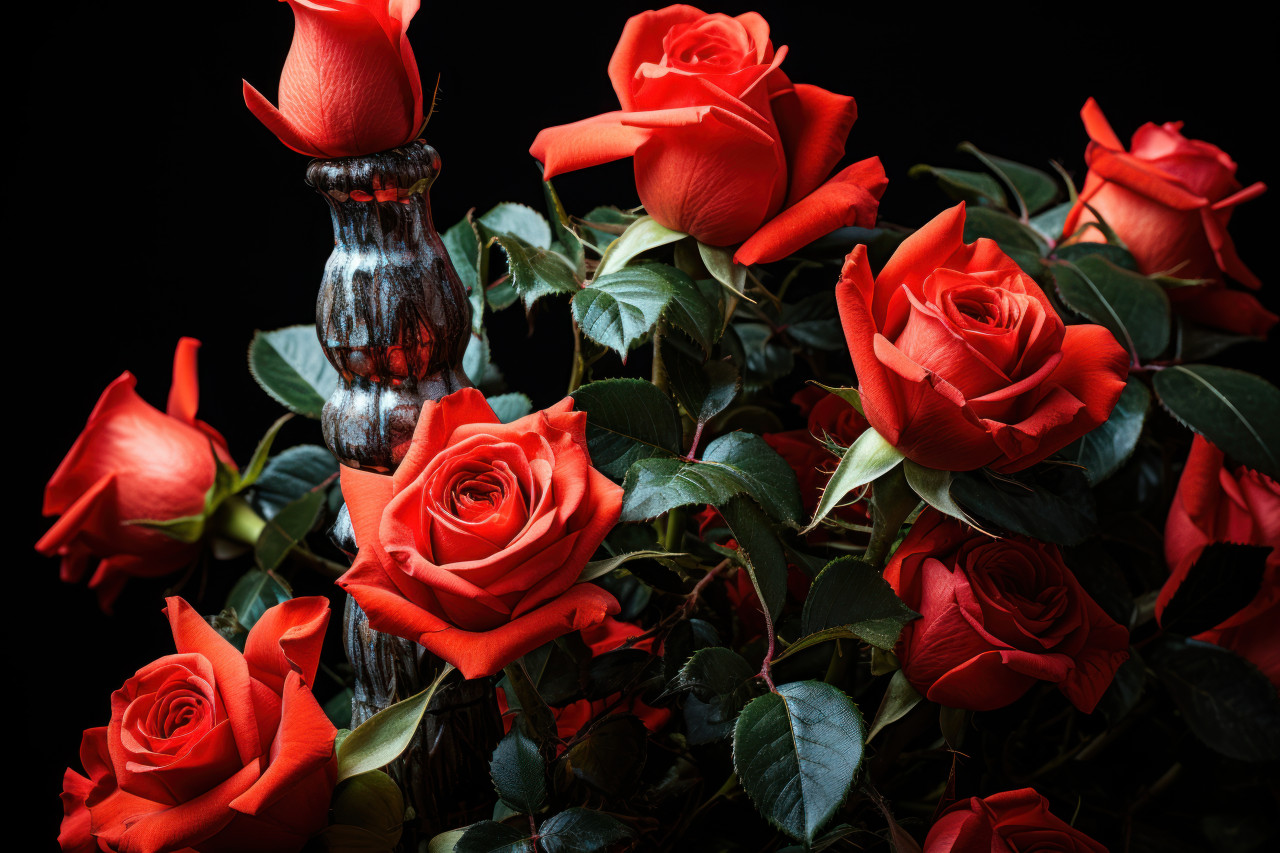 Romance blooms in the glow of the lighthouse with red roses, engagement, wedding and anniversary image