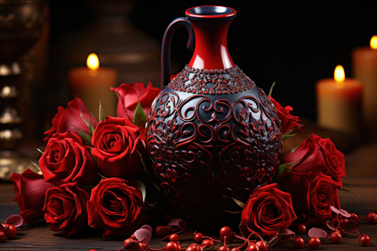 Captivating symbolism of love: red roses in a vintage elixir vessel, valentine, dating and love proposal image