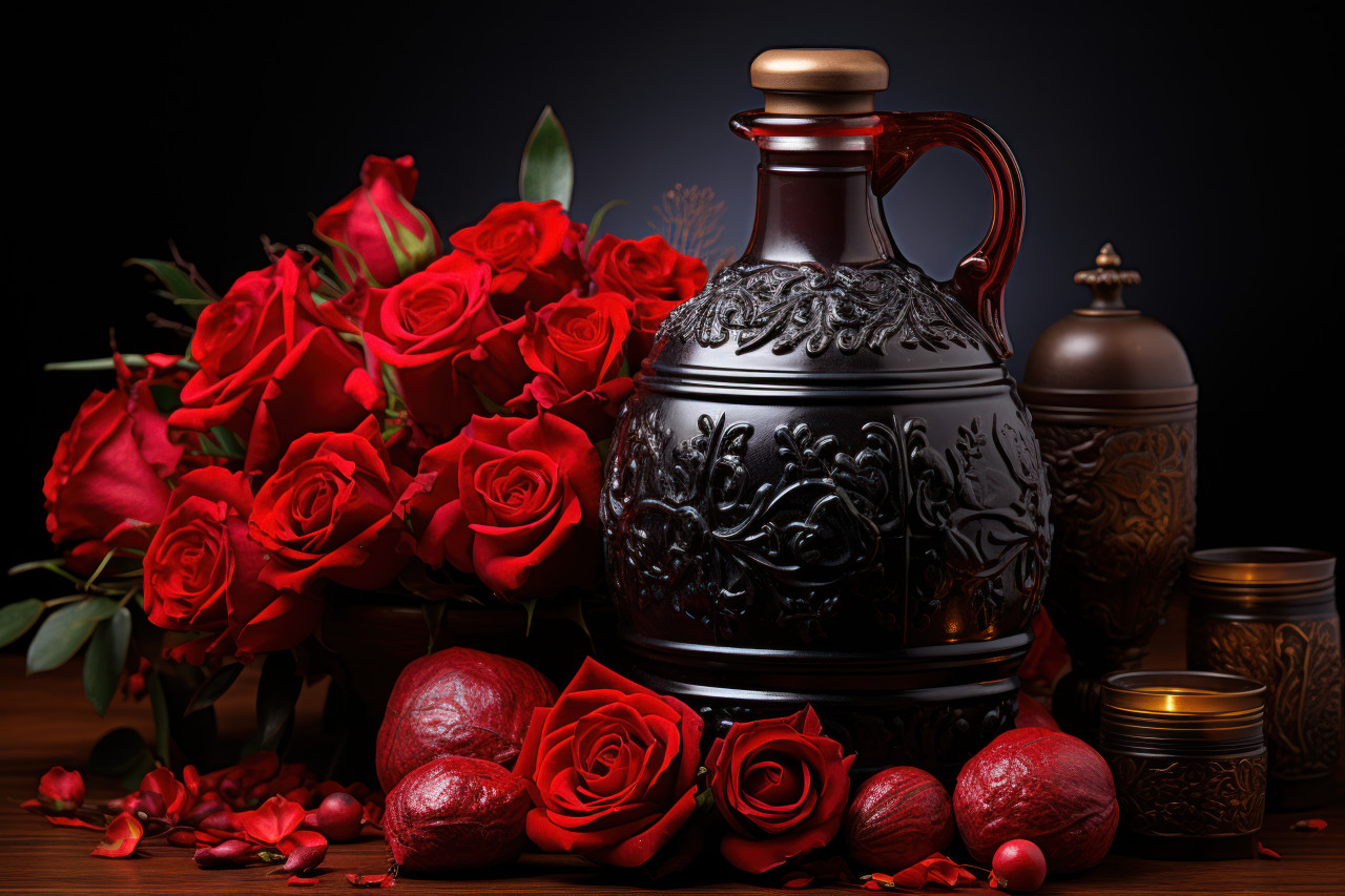 The enchanting allure of love depicted through red roses in a vintage potion bottle, engagement, wedding and anniversary image
