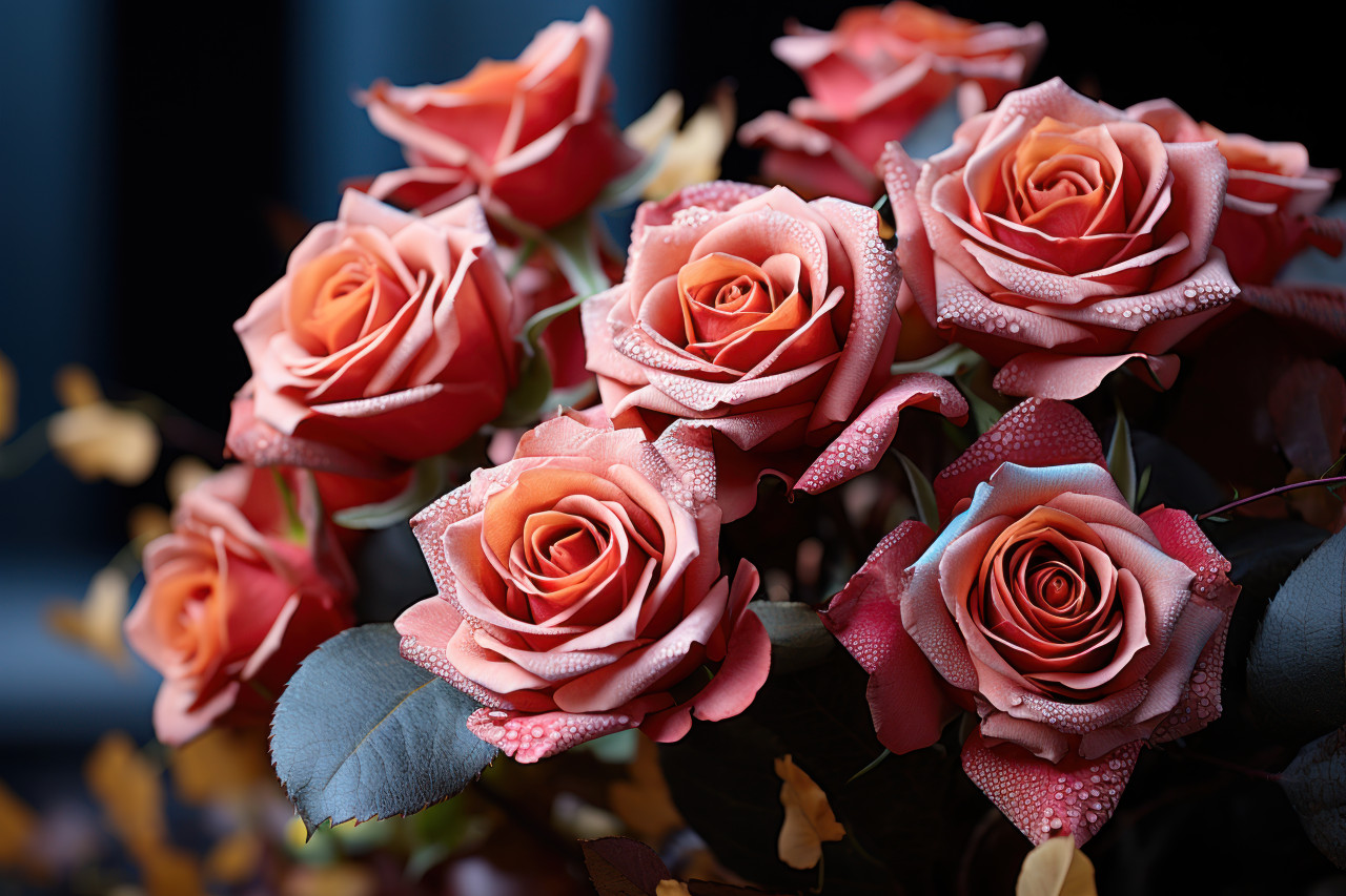 Red roses surrounded by falling leaves, engagement, wedding and anniversary image