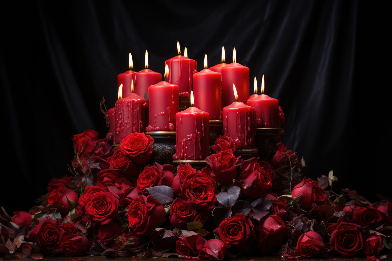 A romantic ballet scene with red roses and flickering candlelight, engagement, wedding and anniversary image
