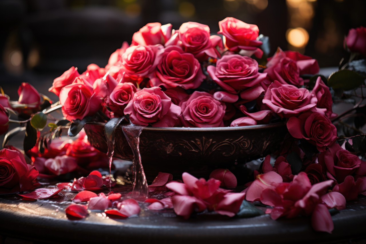 Enchanting scene of red roses embracing a romantic fountain, engagement, wedding and anniversary image