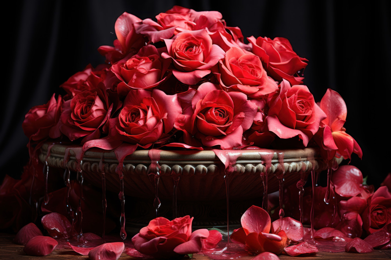 Eternal love portrayed through red roses encircling a romantic fountain, engagement, wedding and anniversary image