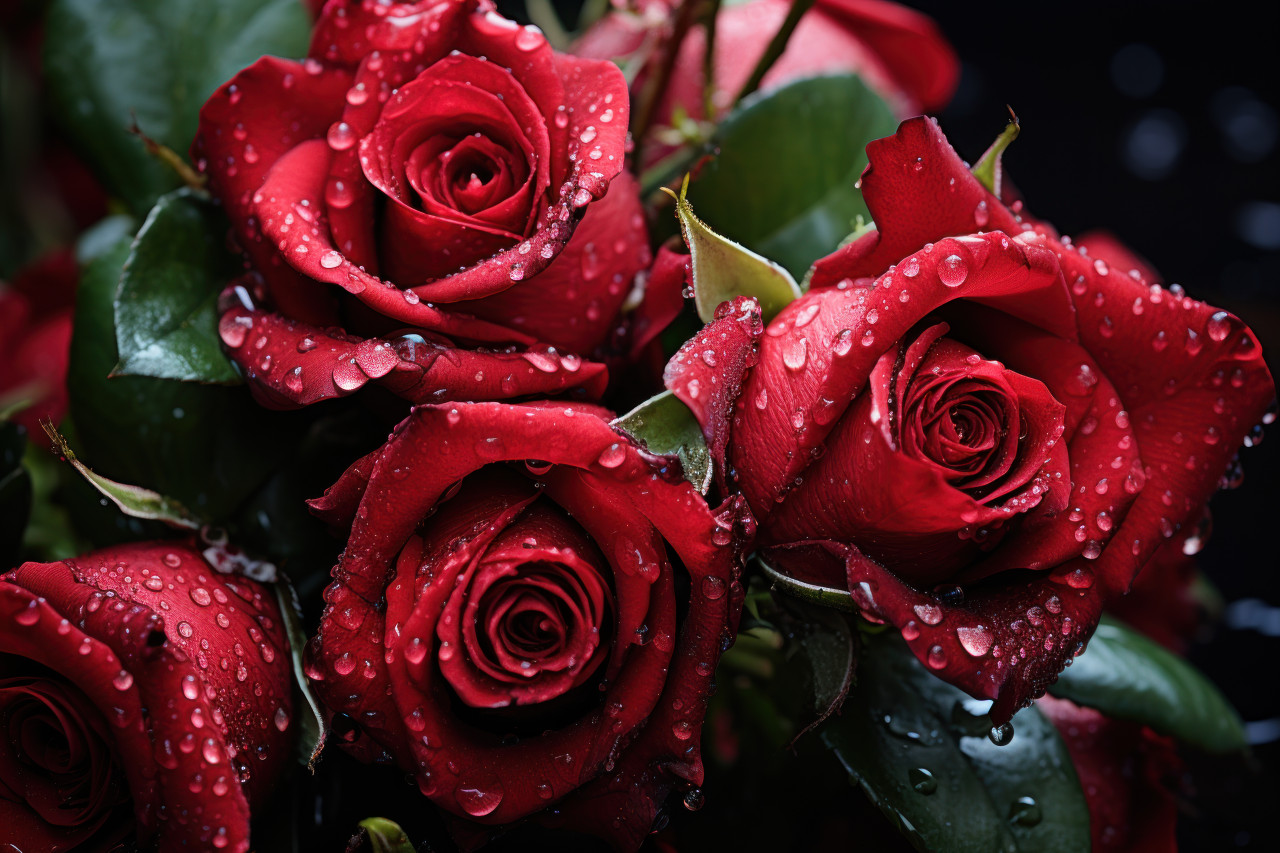 Red roses captured in a gentle shower of emotion, engagement, wedding and anniversary image