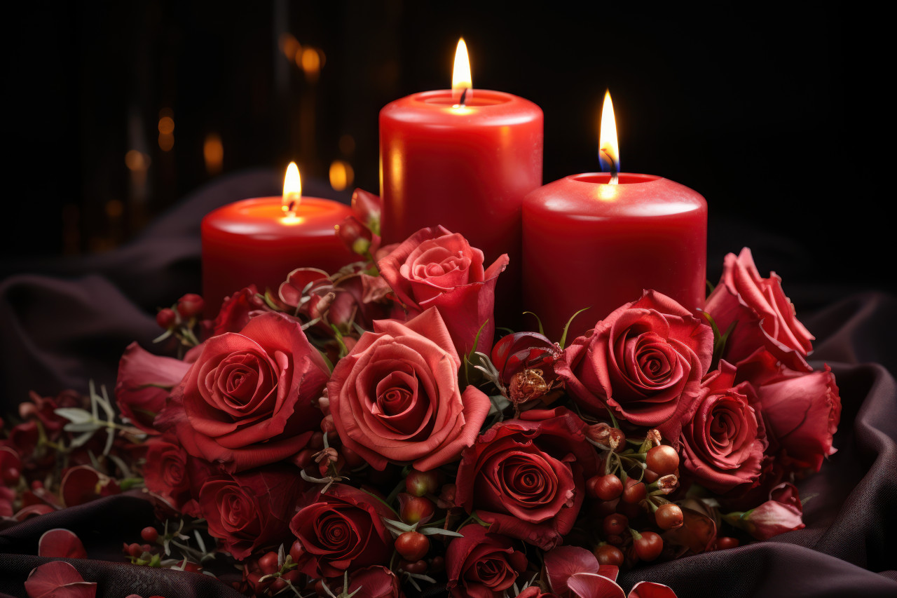 Soft candlelight enhances the beauty of red roses on canvas, engagement, wedding and anniversary image