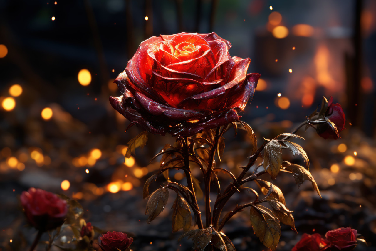Captivating scene of a red rose bathed in ethereal light surrounded by enchanting fireflies, engagement, wedding and anniversary image