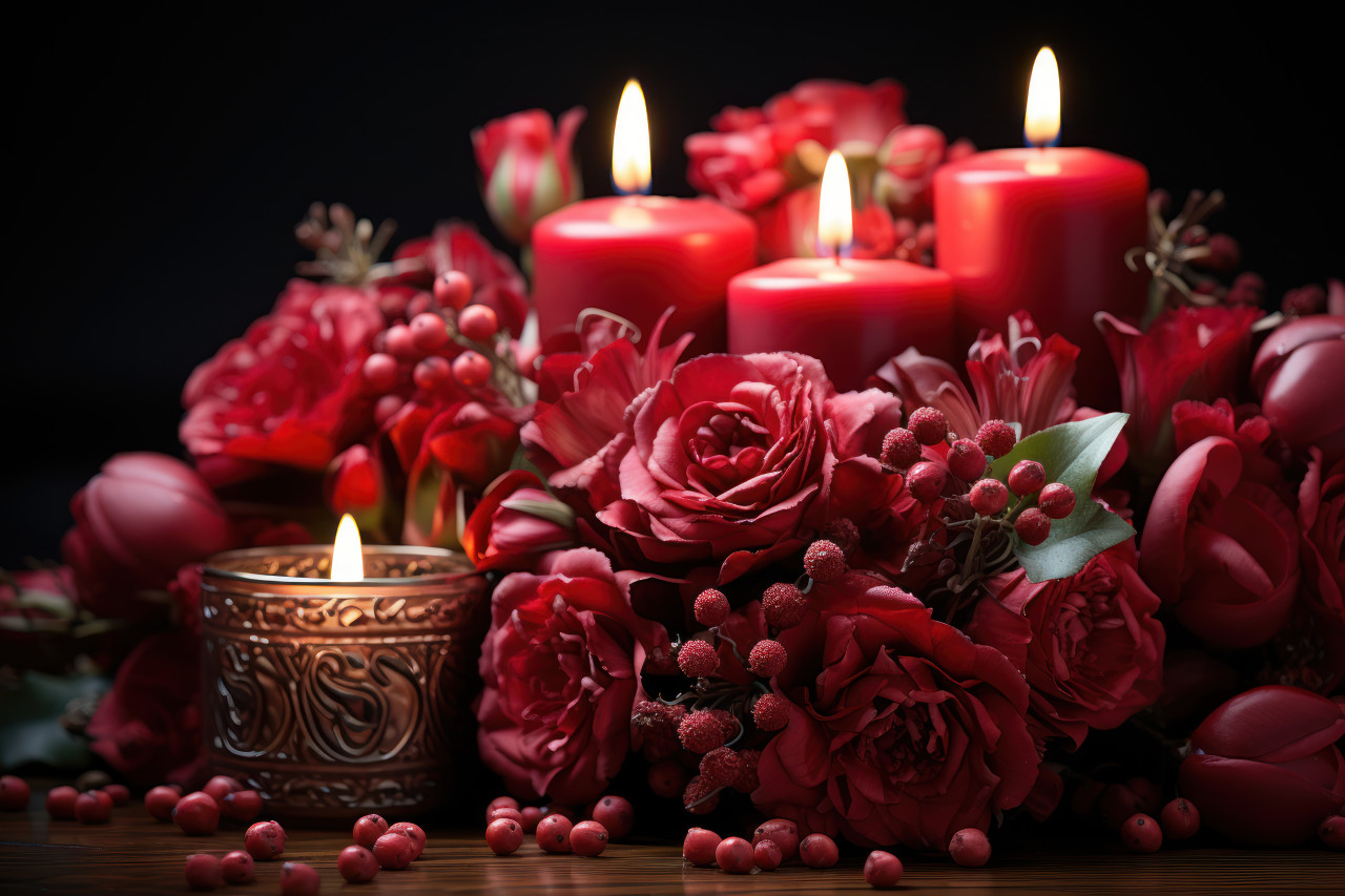 Red roses illuminated by gentle candlelight, engagement, wedding and anniversary image