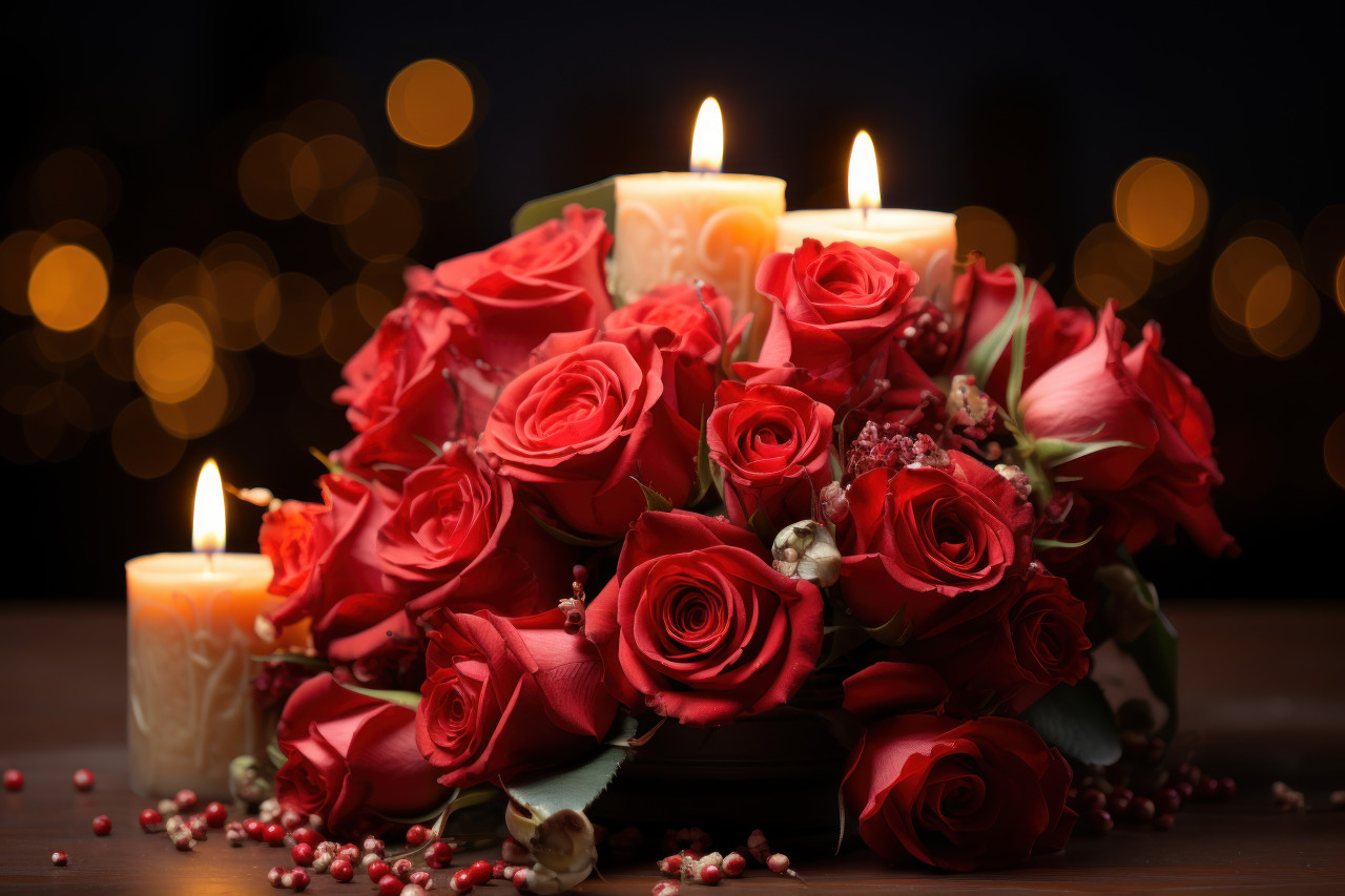 A warm and romantic scene featuring red roses illuminated by candlelight, engagement, wedding and anniversary image