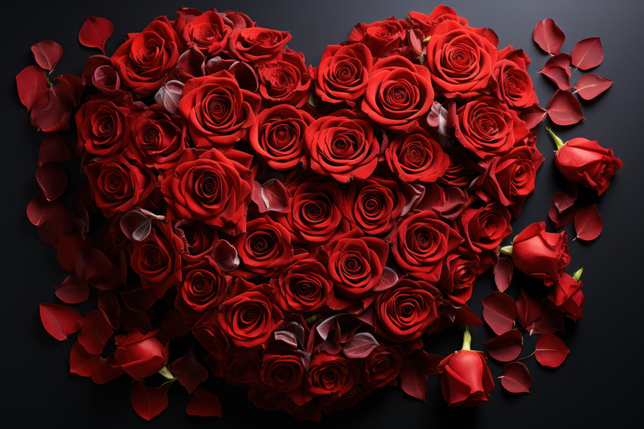 Red roses artfully arranged to form a captivating heart representing the depth of love, engagement, wedding and anniversary image