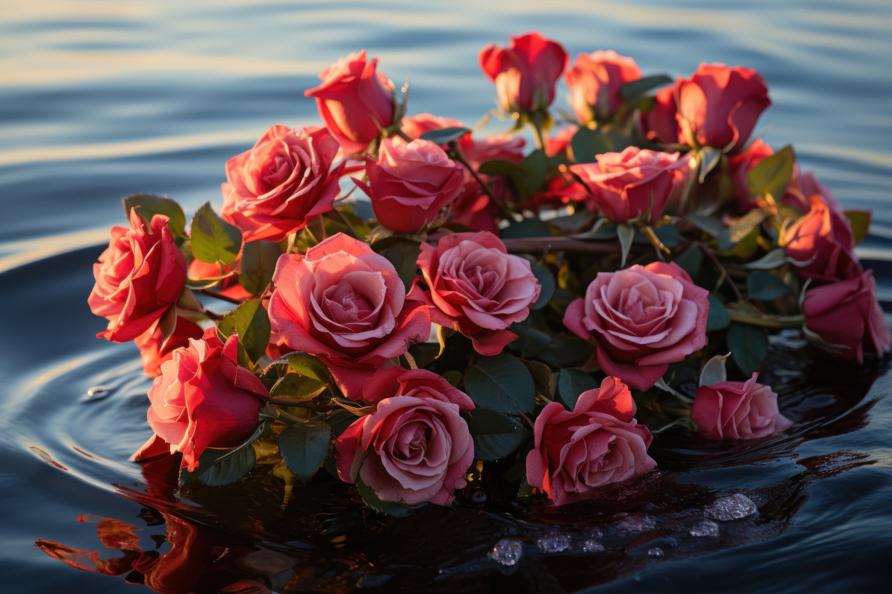 Tranquil waters carry a boat adorned with the beauty of red roses, engagement, wedding and anniversary image