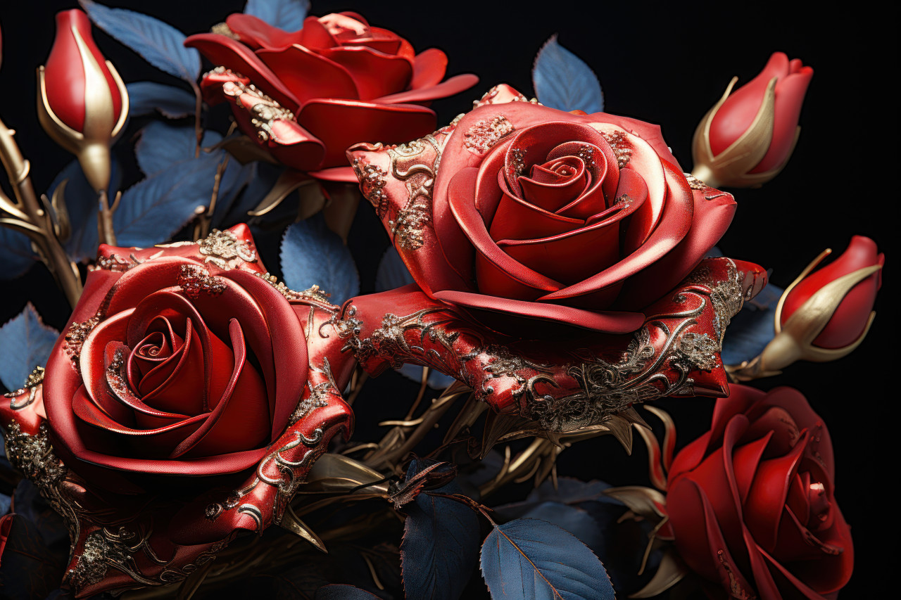 A romantic bouquet of red roses enhanced with touches of gold embodying the precious nature of love, engagement, wedding and anniversary image