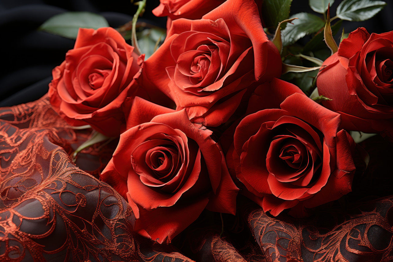 Red roses enveloped in lace and intrigue, engagement, wedding and anniversary image
