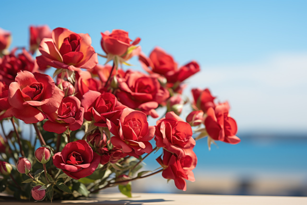 A serene horizon embraces vibrant red roses, a symbol of love, engagement, wedding and anniversary image