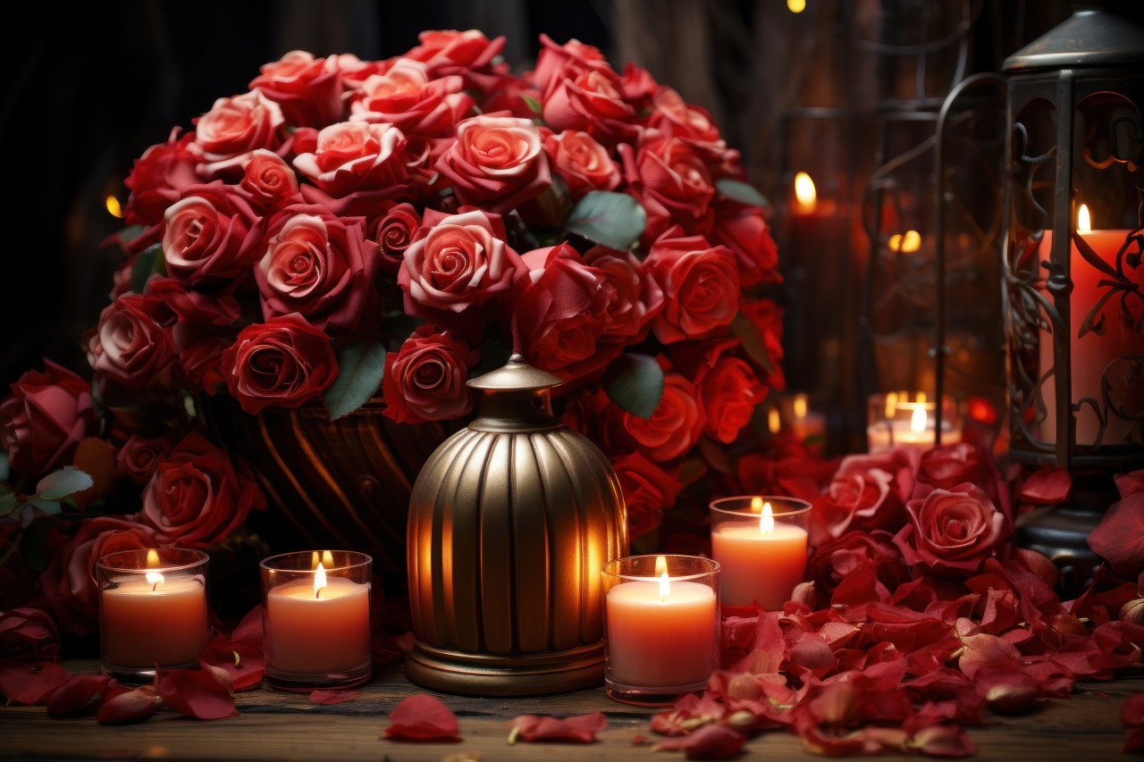 Red roses and radiant lanterns set the scene for a romantic evening, engagement, wedding and anniversary image