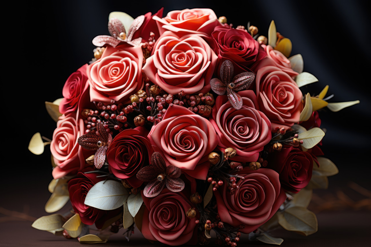 Capturing the essence of marriage with a gorgeous bouquet of deep red roses, valentine, dating and love proposal image