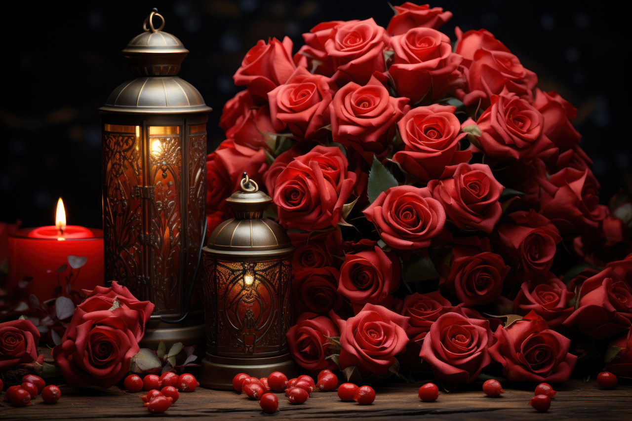 A warm and romantic atmosphere with red roses and glowing lanterns, valentine, dating and love proposal image