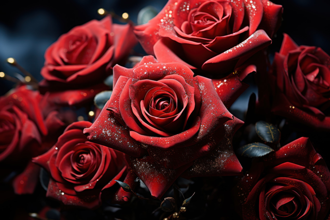 Red roses arranged in an otherworldly orbit, engagement, wedding and anniversary image