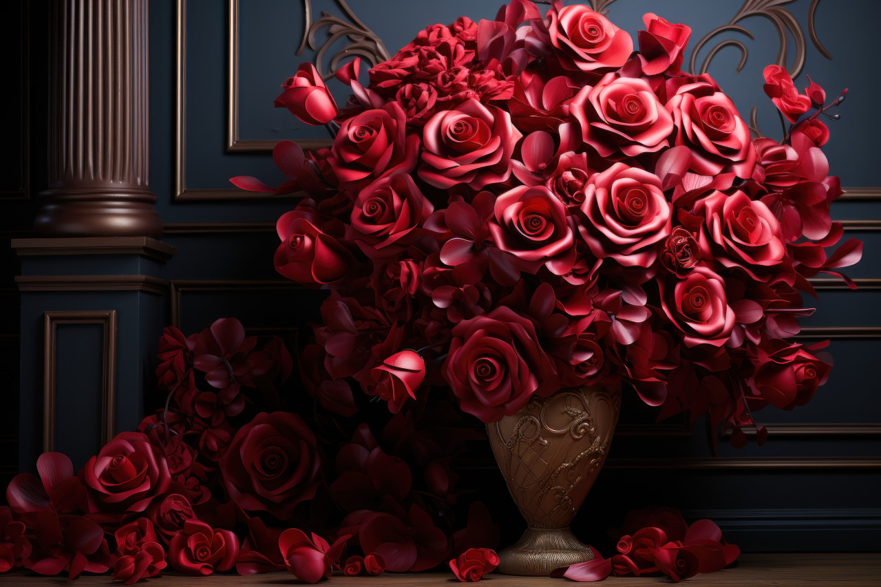 Red roses swirling in a dance of love in a ballroom, valentine, dating and love proposal image