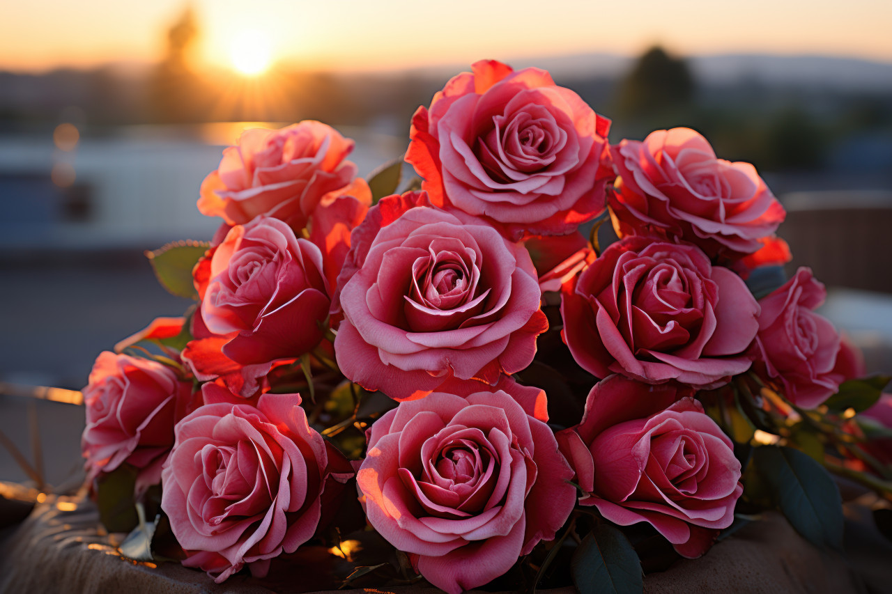 A promise of love unfolds as red roses embrace the tranquility of dawn, engagement, wedding and anniversary image