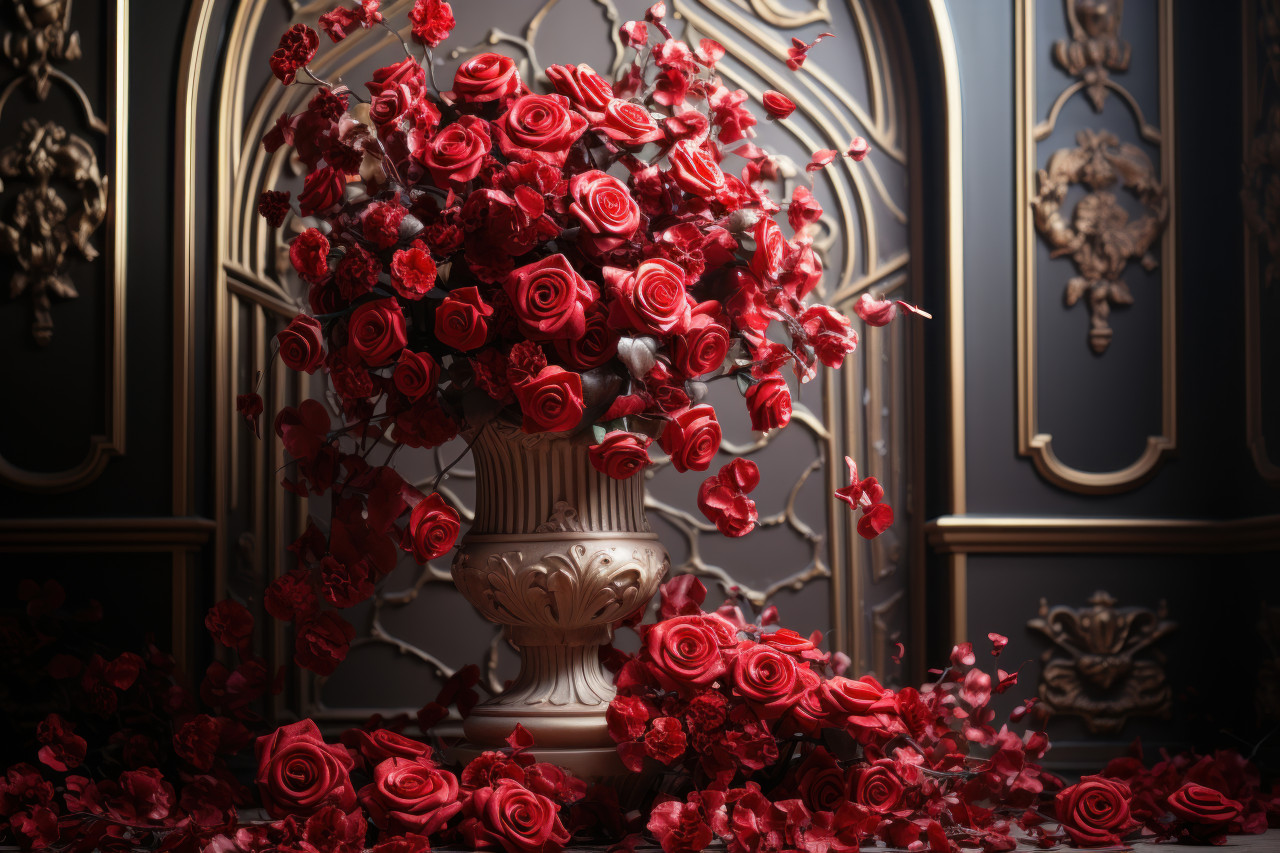 A romantic ballet of red roses in a ballroom atmosphere, engagement, wedding and anniversary image