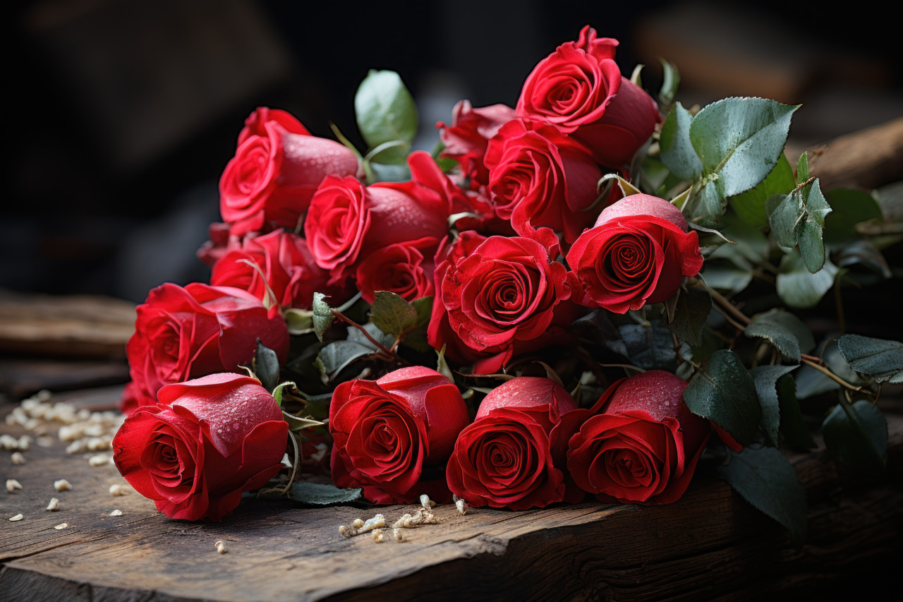 Red roses in a rustic bouquet symbolizing everlasting love, valentine, dating and love proposal image