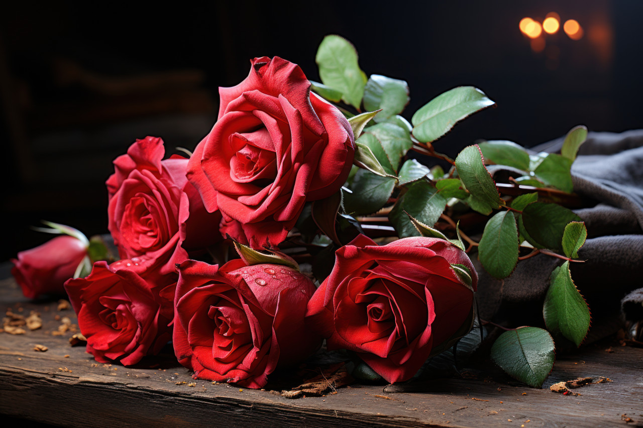 Red roses in a rustic setting, engagement, wedding and anniversary image