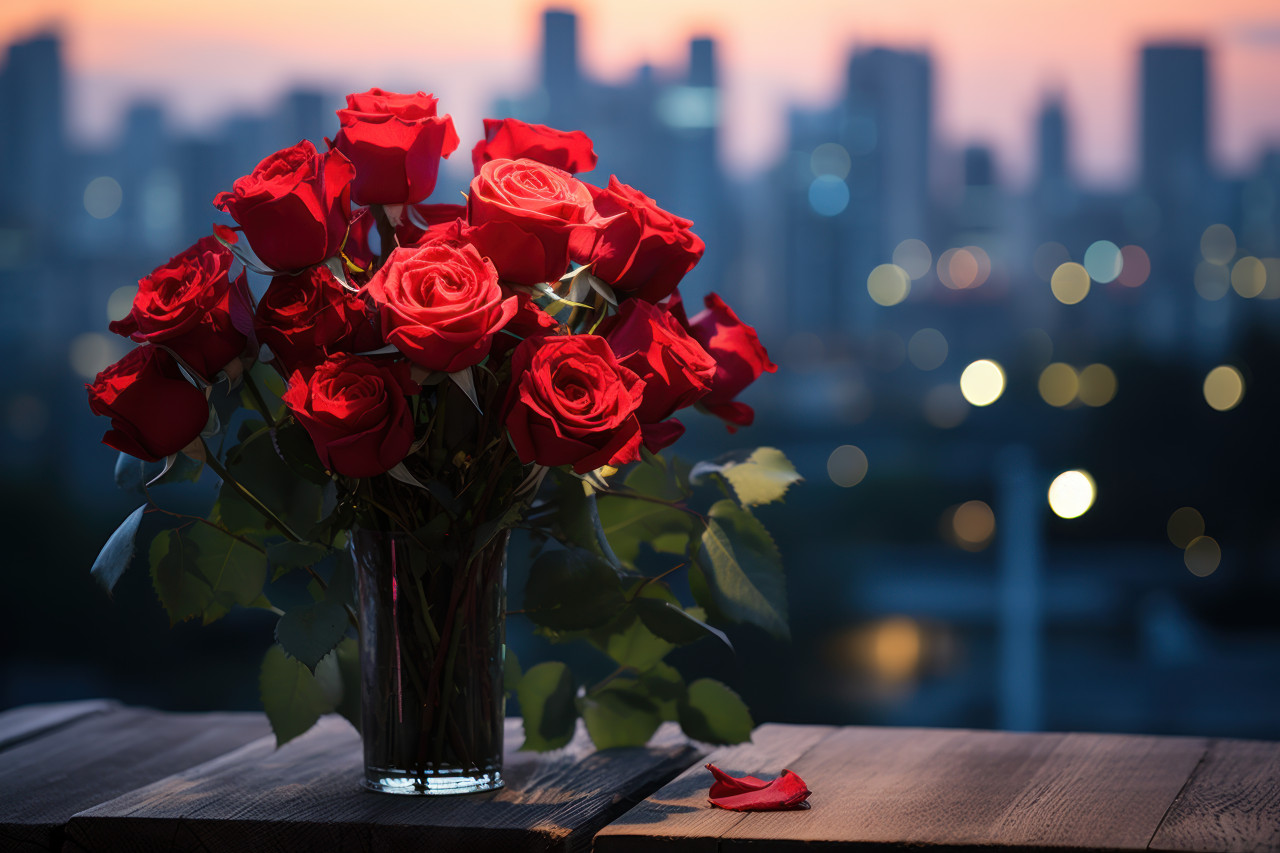 Red roses in the glow of city lights, engagement, wedding and anniversary image