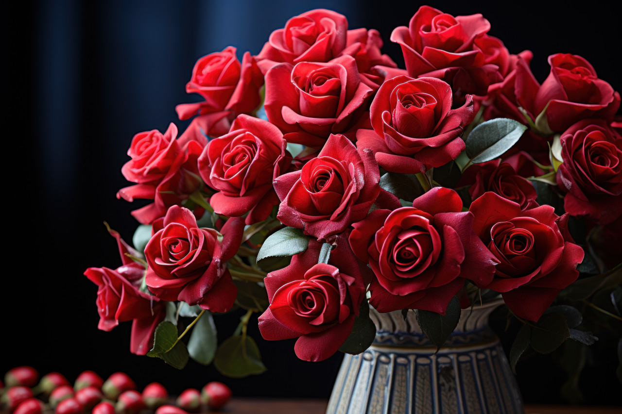 A poetic scene of red roses in the breeze whispering the language of love, engagement, wedding and anniversary image