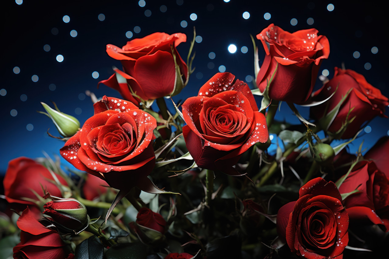 A romantic rendezvous under a celestial sky with red roses, engagement, wedding and anniversary image