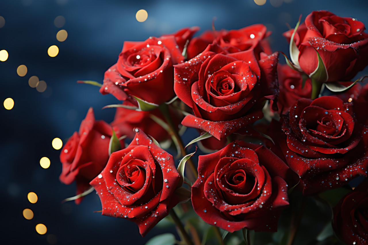 Red roses set against a celestial backdrop, valentine, dating and love proposal image