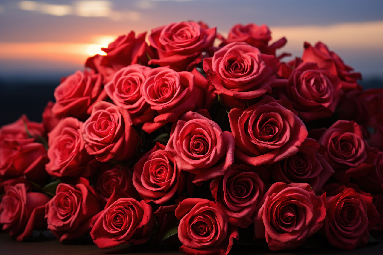 Red roses flourishing in the soft glow of twilight, valentine, dating and love proposal image