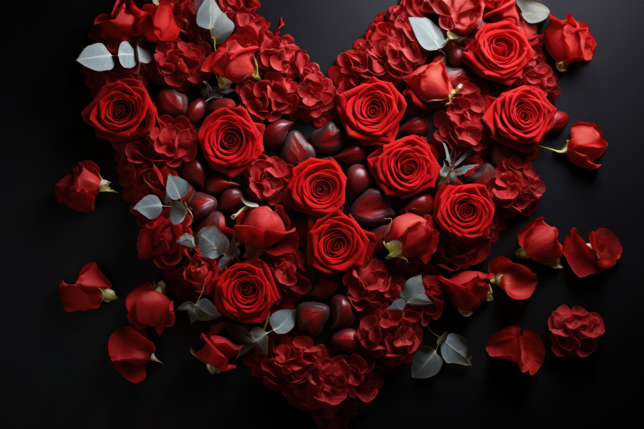 A picturesque view of red roses shaping a heart, engagement, wedding and anniversary image